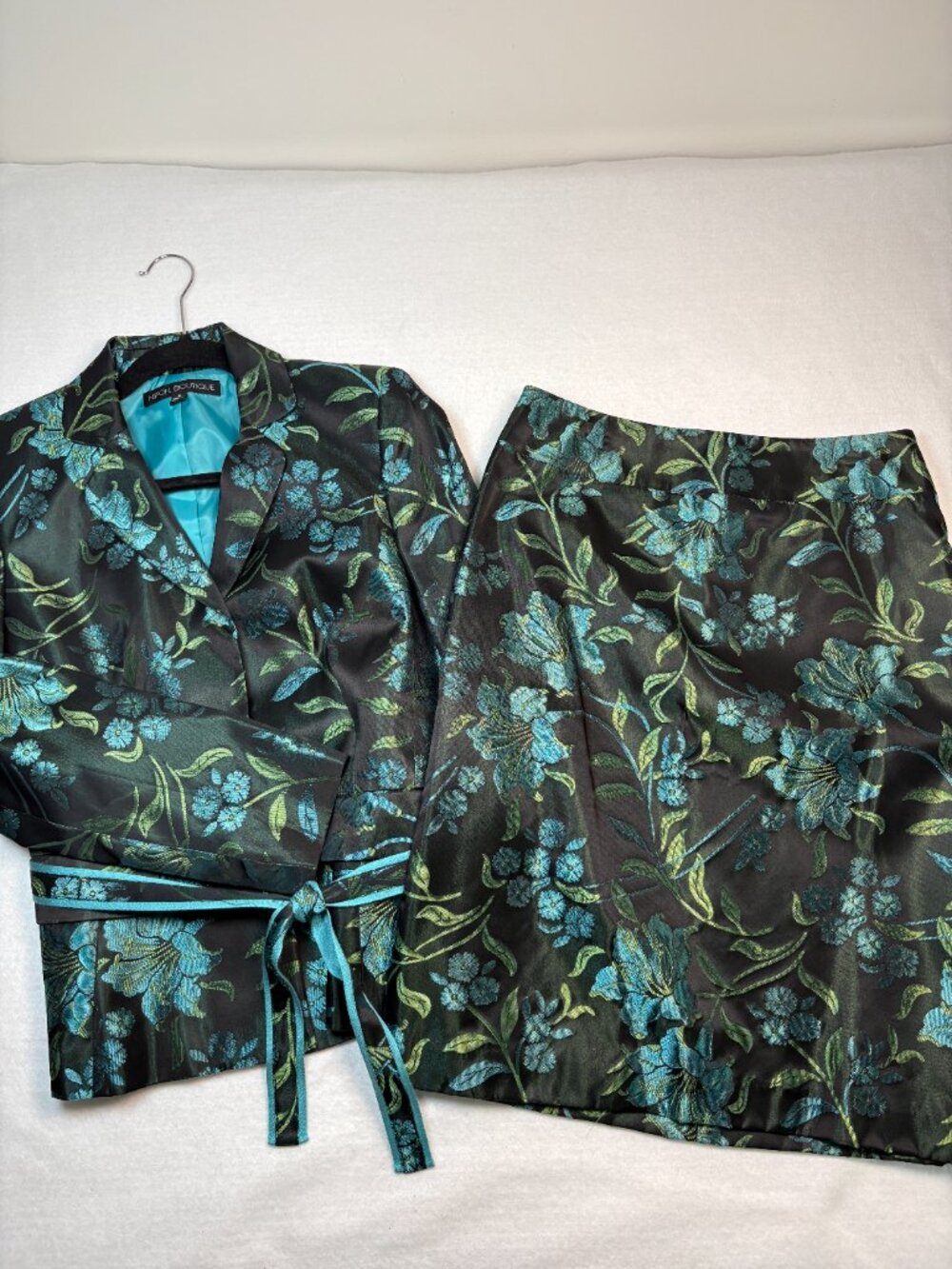Nipon Boutique Floral Jacquard Blazer Skirt Set Metallic Teal Black Retro Chic 4
